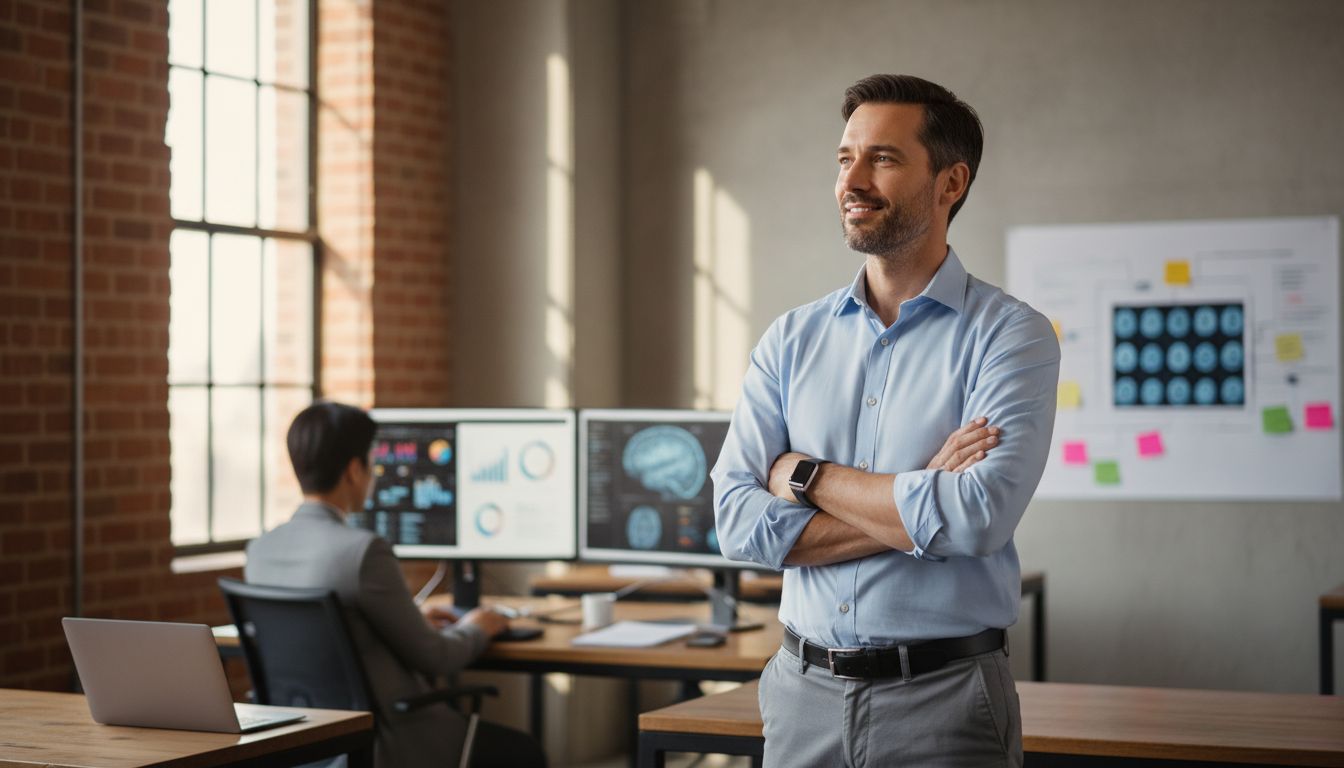 Leader working with laptop in dynamic environment