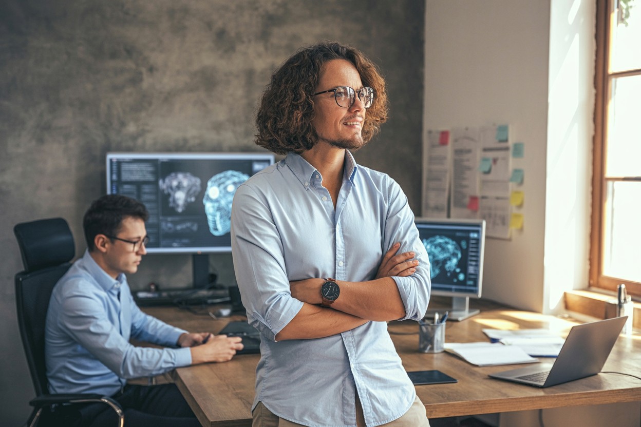 Leader working with laptop in dynamic environment